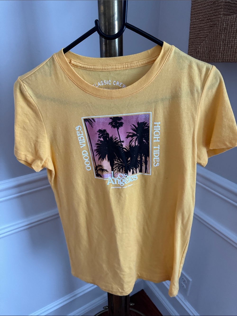 Classic Yellow Tee with Pink and Black Palm Graphic